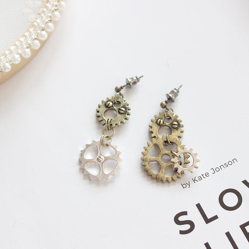 Wholesale Vintage Gear Chain Asymmetric Long Earrings